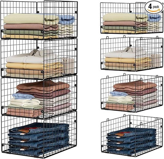 4-Tier Stackable Closet Organizers and Storage Shelves, Foldable Closet Shelf Organizer System, Stackable Storage Bins Drawers for Closet Organizer System, Black(Patent 30022416, 15.7"x11.8"x34.64")