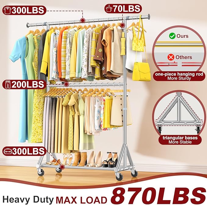 Heavy Duty Clothes Rack Load 860LBS, Rolling Double Rods Clothing Racks for Hanging Clothes, Adjustbale Garment Rack With Sturdy Wheels Shelf, Portable Closet Rack Free Standing