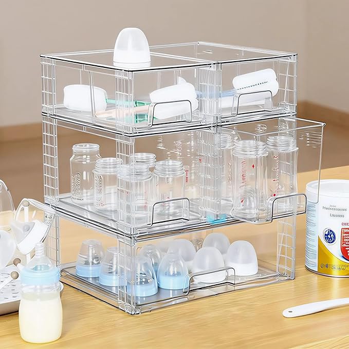 Stackable Storage Drawers(5 Pack),High-strength Clear Plastic Multi-purpose Organizer Bins with Handles, Easily Assemble Acrylic Drawers for Bathroom Closet Cabinet Pantry Under Sink