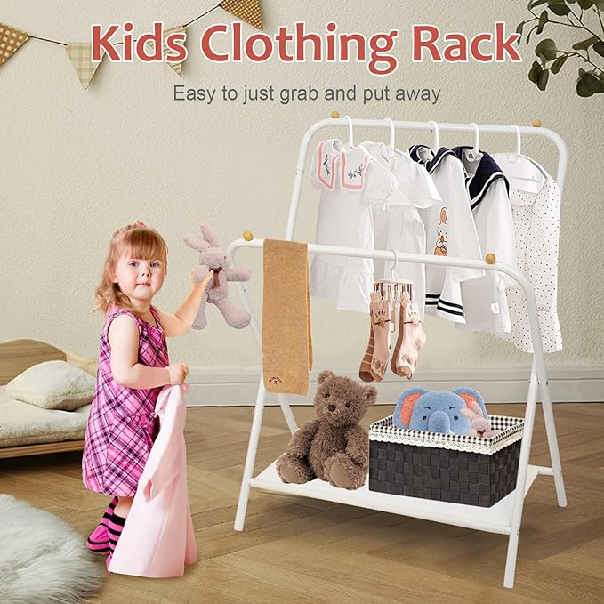 YGJT Kids Clothing Rack 2 Rods, Dress Up Storage for Little Girls with Bottom Storage Shelf, Cute Toddler Wardrobe Cloest Garment for Hanging Coat, Dance Costume, Dresses, Clothes in Bedroom, White