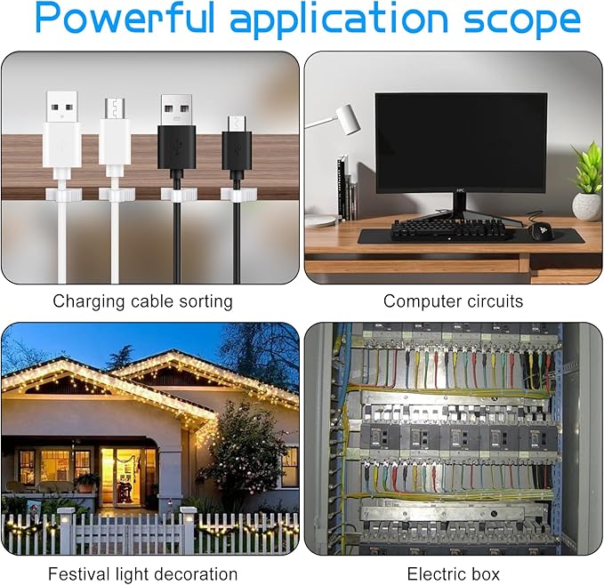 XHF 100pcs Adhesive Cable Wire Clips white, Outdoor Cable Management Wire Organizer Cord Holder for Under Desk, Car, Wall, TV PC Ethernet Cable