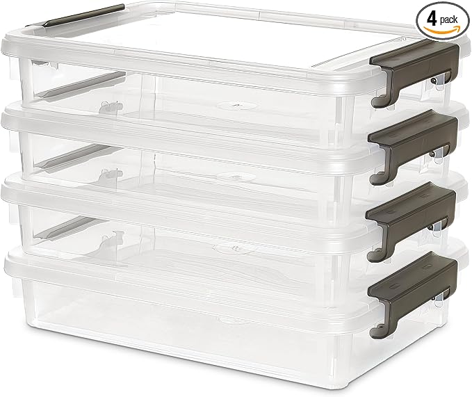 Citylife 4 Packs Portable Project Case, Clear File Box with Snap Lid, Stackable Plastic Organizers for Craft Projects, Letters, A4 Paper, Cards, and Photos