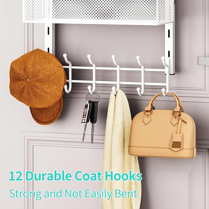 HapiRm Over The Door Hanger with Coat Hooks and 3 Baskets, Rustproof Over The Door Hooks, Storage Organizer for Hats, Towels - White