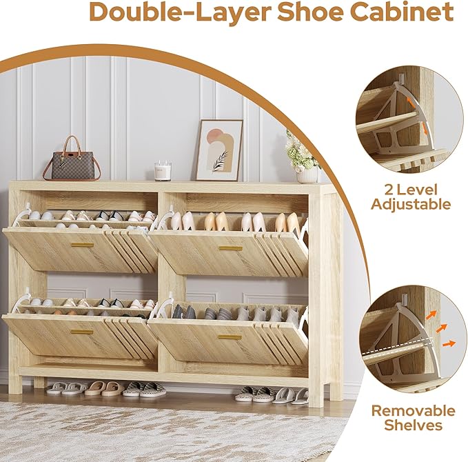 knoworld Shoe Storage Cabinet for Entryway with 4 Flip Drawers, 47.24" Narrow Fluted Shoe Organizer Cabinet, Slim Wooden Shoe Cabinet, Freestanding Hidden Shoe Cabinet for Entrance, Hallway (Natural)