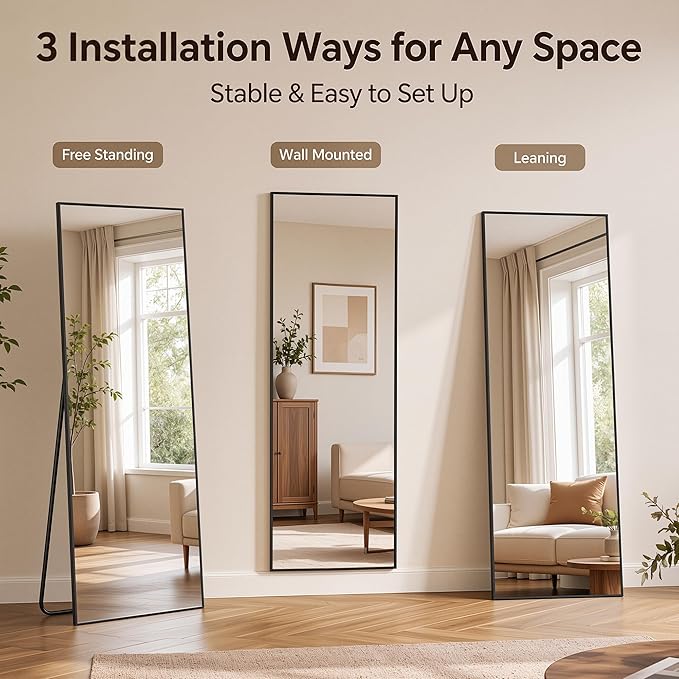 Antok Full Length Mirror, 78"x38" Floor Mirror with Stand, Hanging Mounted Mirrors for Bedroom, Living Room, Cloakroom, Dining Room, Black, Rect