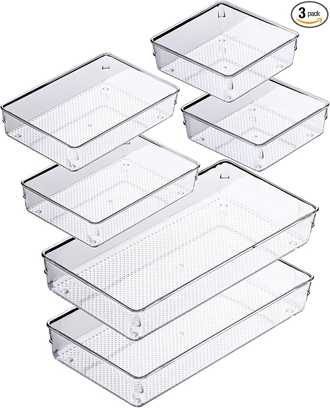3 Pack Clear Plastic Drawer Organizer Tray Cutlery Utensil Makeups Drawer Silverware Organizers 12" X 6"… (6P(6X6+6X9+6X15))