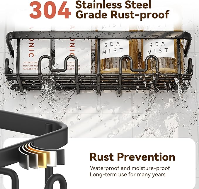 YASONIC Shower Caddy Adhesive 2-Pack, Rustproof Shower Organizer with Holder, No-Drill Shower Shelves for Inside the Shower, Large-Capacity Bathroom Organizers and Storage for Dorms & Renters, Black