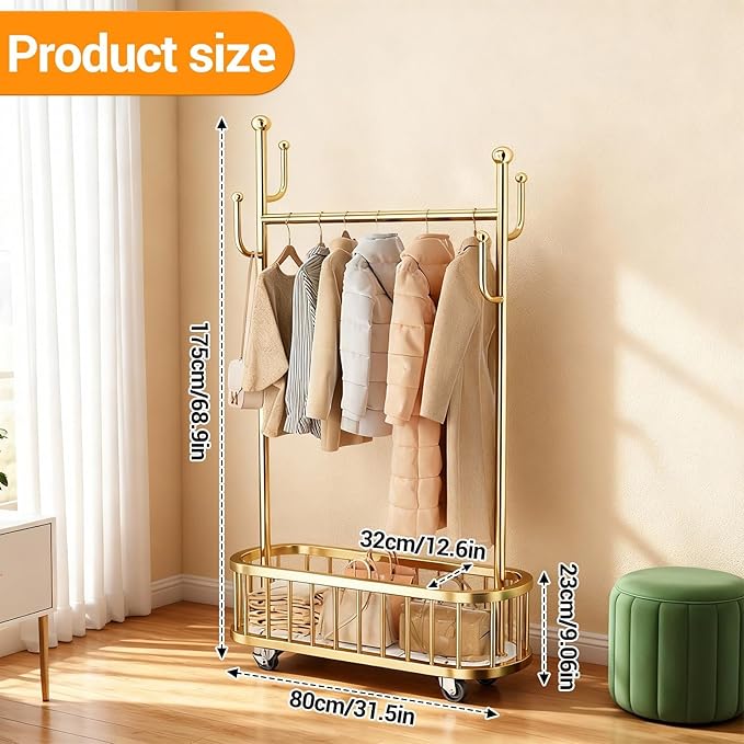 Takywep Rolling Clothing Rack with Wheels and Basket Storage – Metal Moveable Garment Rack, Heavy-Duty Coat Rack for Hanging Clothes, Bedroom, Boutique, Laundry Room