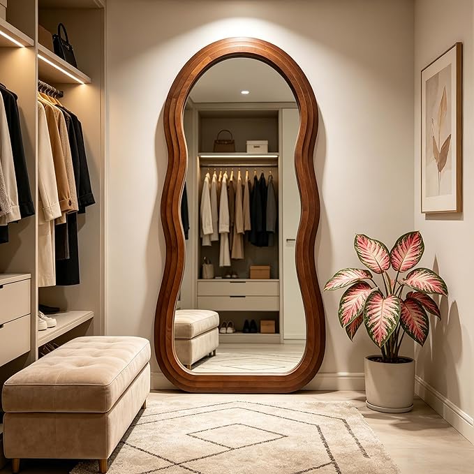 Wavy Full Length Mirror, 67"x31.5" Organic Floor Mirror with Triple-Layer Solid Wood Frame, Large Irregular Aesthetic Mirrors for Living Room Entryway Hallway, Leaning/Hanging