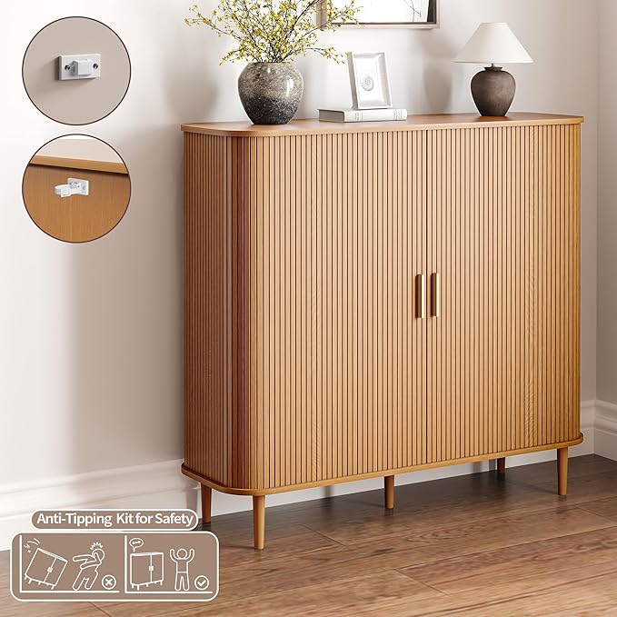 DHH Shoe Storage Cabinet with Sliding Door, 6-Tier Shoe Cabinet with Adjustable Shelves, Mid-Century Modern Freestanding Shoe Storage Organizer for Entryway, Hallway, Living Room (Wood, 47 ")
