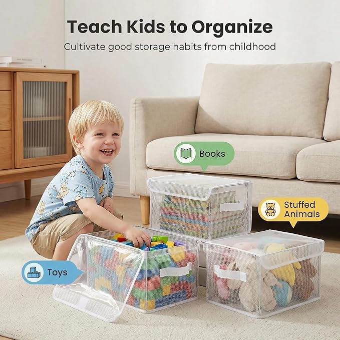 3-Pack Clear Toy Storage Baskets, Kids Room Organizer Bins with Handles, Foldable Closet Storage Containers for Nursery, Clothes, Toys, 11.8 x 9.45 x 6.7 in