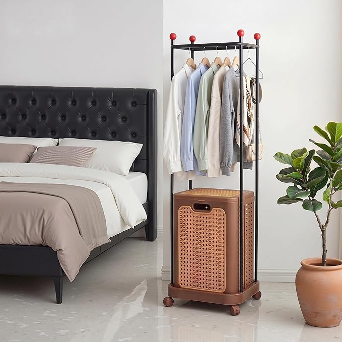VECELO Laundry Hamper with Clothes Rack, Rolling Laundry Basket with Lid and Wheels, Tall Clothes Stand for Hanging Clothes, Multifunctional Laundry Organizer for Bedroom, Bathroom, Brown