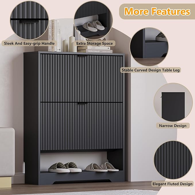 BORNOON Shoe Cabinet with 2 Flip Drawers, Fluted Shoe Storage Cabinet with Adjustable Shelves, Freestanding Rack and Organizer for Entryway, Closet, Hallway