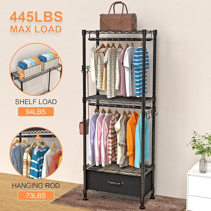 VyGrow Clothes Rack, Clothing Rack for Hanging Clothes, 4 Tiers Adjustable Closet Organizer System with Drawer | Double Rods | Side Hooks | Load 445lbs | 23" L x 13.18" W x 78.74" H | Black