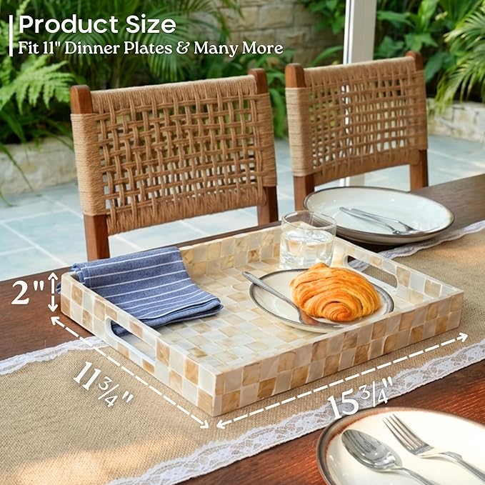 CHI AN HOME 15.8” x 11.8” Rectangle Serving Tray with Handles, Capiz Shells Checkered Rectangular Tray for Ottoman Table, Mother of Pearl Decorative Serving Tray for Living Room, Kitchen (Ivory)