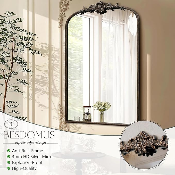Besdomus Antique Large Arched Mirror: 24"x36" French Arch Black Vintage Wall Vanity Mirror - Traditional Ornate Home Decor for Entryway/Fireplace/Bathroom/Bedroom - Idea for Young Couples
