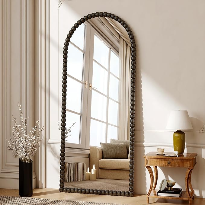 28"x71" Antique Arched Full Length Mirror, Vintage Beaded Decorative Floor Full Body Dressing Mirror as Room Decor Hanging Leaning Standing for Living Room, Bedroom, Vanity Area