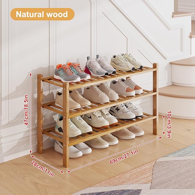 Bamboo Shoe Rack Organizer for Closet and Entryway - Space-Saving Narrow Shoe Stand - Versatile Shoe Holder for Door or Closet Shelf, Bedroom can Freely Stack DIY Small Shoe Racks 3 Tier Bamboo color