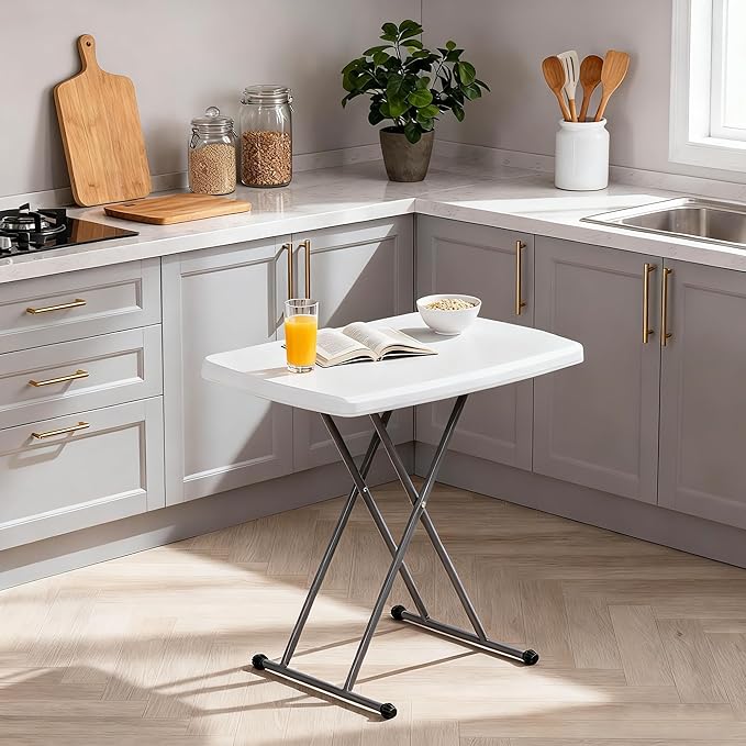 SUPER DEAL 2.5 Foot Plastic Folding Table, Indoor Outdoor Portable Heavy Duty Adjustable Height Kitchen or Camping Barbecues Picnic Party Tray Table, White
