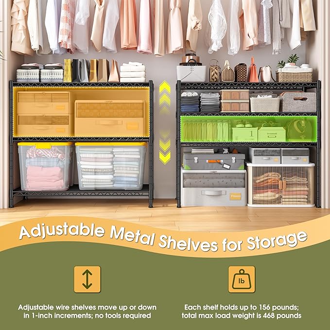 DurayLoly 35.6" W Storage Shelves, 3 Tier Adjustable Metal Shelving Unit Heavy Duty Steel Wire Rack for Kitchen,Laundry,Pantry,Office,Garage, Closet,Black(35.6" Wx14 Dx35.6 H)