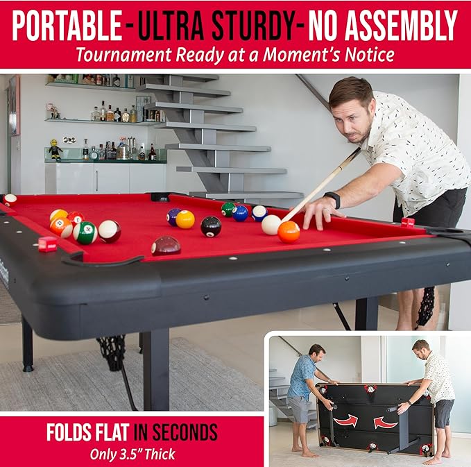 GoSports 6, 7, or 8 ft Billiards Tables - No Assembly, Choose Your Color - Portable Pool Table Includes Full Set of Balls, 2 Cue Sticks, Chalk and Felt Brush