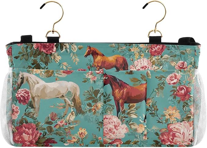 Bedside Caddy Hanging Bunk Bed Caddy Bed Organizer Hanging Pocket with 2 Hooks Bedside Storage Organizer Pocket Bag Holder Teal Horses and Red Roses