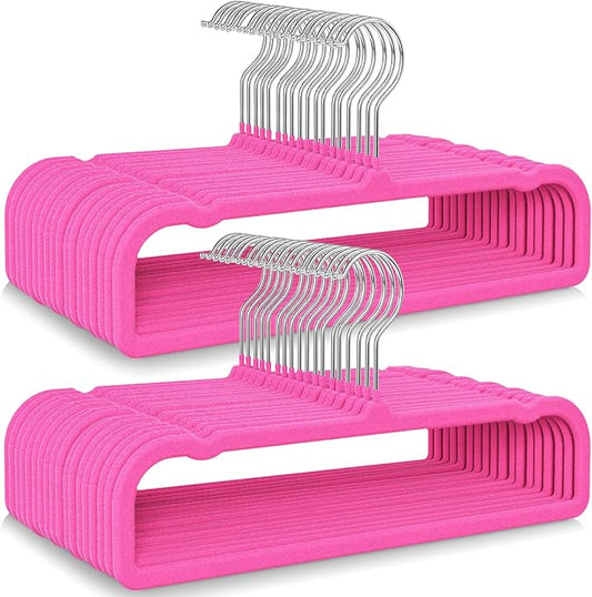 50 Pack Velvet Hangers Non Slip, Felt Pants Hangers Thin Space Saving Clothes Hanger Flocked Strong Durable Ganchos para Colgar Ropa with 360°Swivel Hook for Pants Jeans Shorts Tank Top, Rose Red
