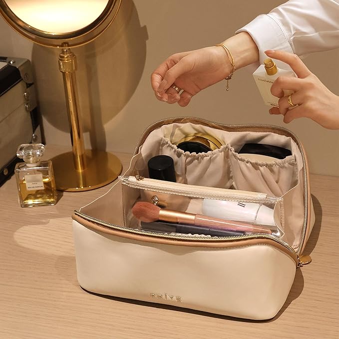 Prite Makeup Bag for Women Travel Waterproof Vegan Leather Cosmetic Bag Open Flat Toiletry Bag With Clear Divider and Handle (Beige, Large)