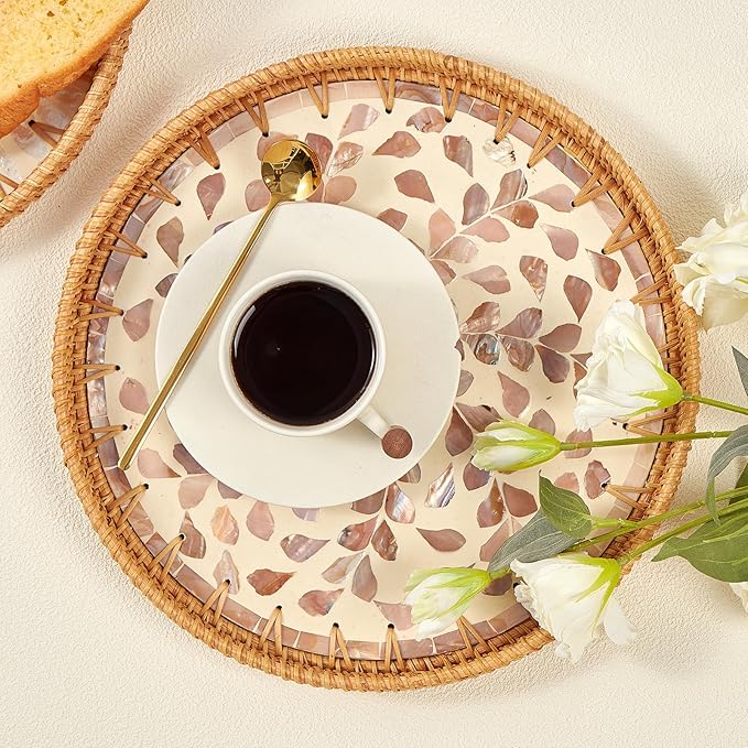 Kmelep Round Rattan Tray with Mother of Pearl Inlay, Rattan Serving Tray with Wooden Base, Decorative Wicker Basket for Table Decor, Storage and Display of Coffee Bread Food Fruit (Wicker)
