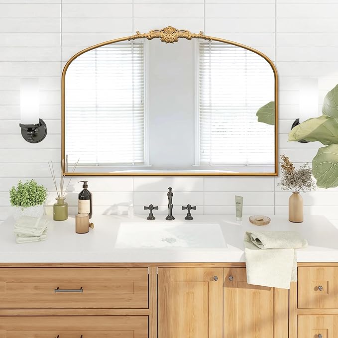 Besdomus Ornate Arched Large Mirror: 48"x33" French Oversize Gold Vintage Vanity Decorative Mirror - Baroque Traditional Antique for Fireplace/Bathroom/Living Room - Home Decor for Homemakers