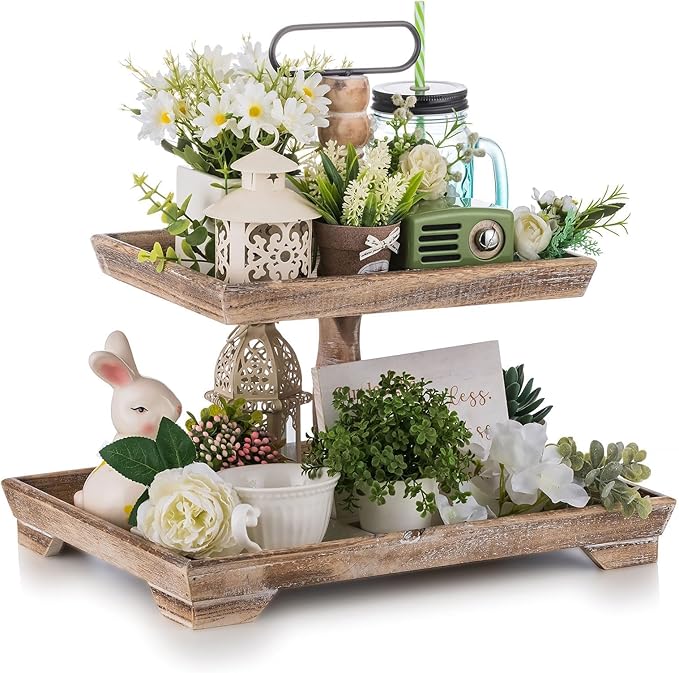 Hanobe Tiered Tray for Table Decor: 4th of July 2 Tier Decorative Tray Stand for Coffee Bar - Large Farmhouse Display Stands for Seasons - Wood for Kitchen Counter Decorations