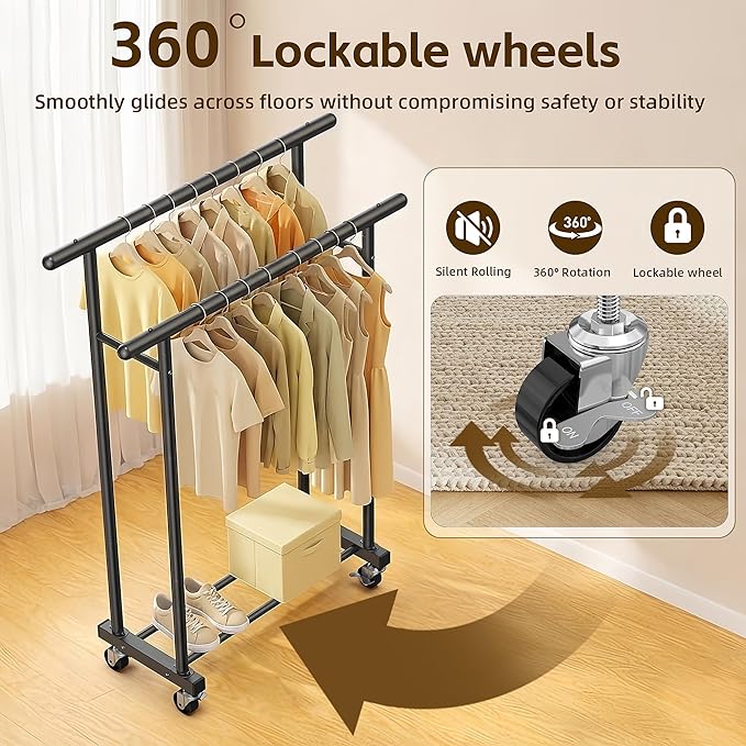ViviDreamore Double Rods Clothes Rack, Rolling Clothing Rack for Hanging Clothes, Heavy Duty Metal Garment Rack, Multifunctional Coat Rack for Bedroom Laundry Living Room, Black