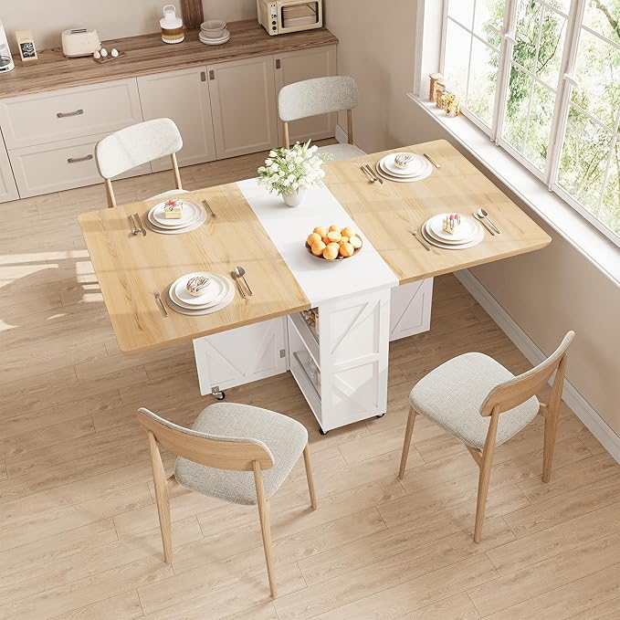 Jocoevol Space Saving Folding Dining Table for 4, Farmhouse Foldable Dining Table with Drawer and Storage Shelf, 6 Wheels Multipose Expandable Kitchen Drop Leaf Table for Small Space (Pear Wood White)