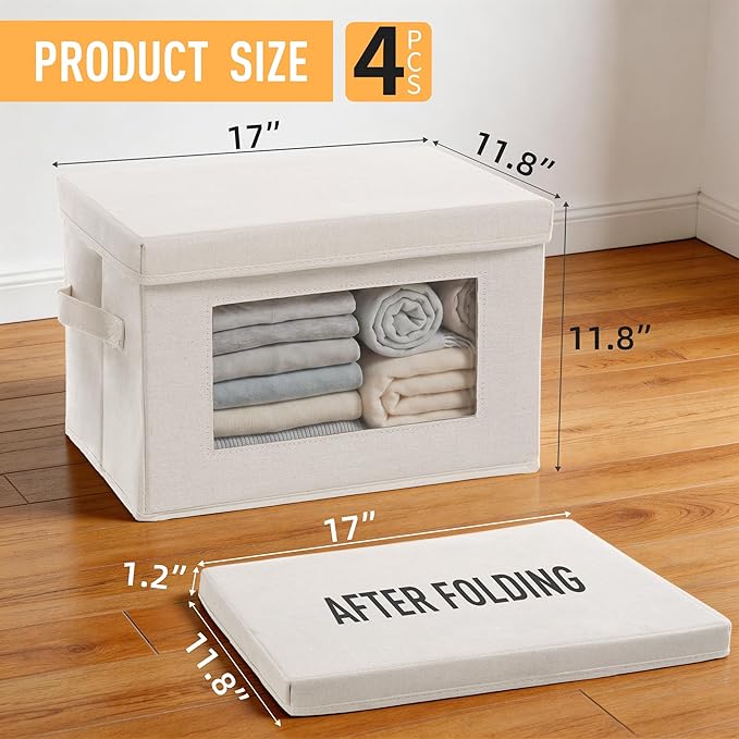 4-Pack Storage Bins with Lids, Fabric Foldable Storage Bins with Soft Cord Handles, Cube Closet Storage Baskets with Lids, Organizers for Organizing Clothes and Books, Beige