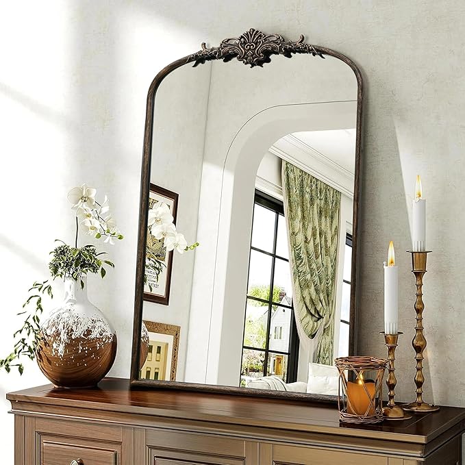 Besdomus Antique Large Arched Mirror: 24"x36" French Arch Black Vintage Wall Vanity Mirror - Traditional Ornate Home Decor for Entryway/Fireplace/Bathroom/Bedroom - Idea for Young Couples