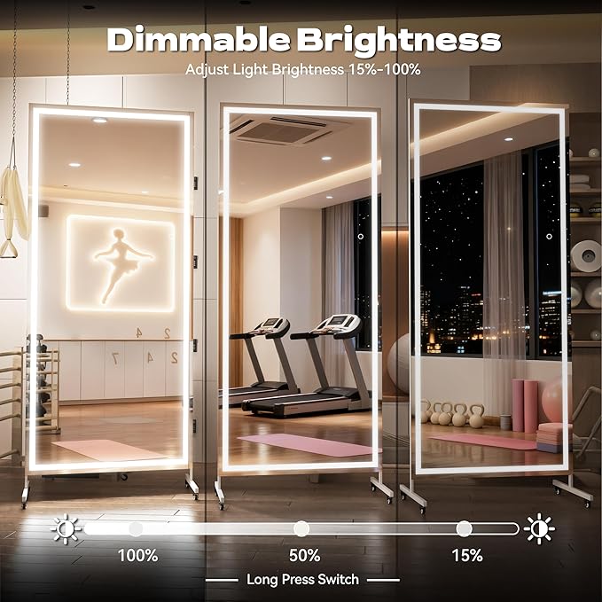 Hasipu 75" x 32" Full Length Mirror on Wheels with LED Light — Dimmable Warm/Natural/Cool, Shatterproof Tempered Glass, Wall Mountable, Rolling Dressing Mirror for Home Gym, Makeup, Yoga, Studio
