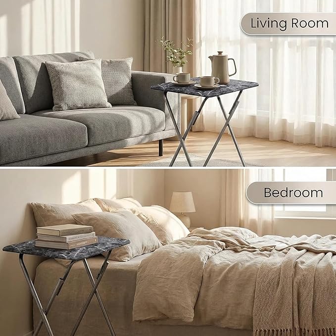 Tv Trays Folding Tv Table, Dinner Table for Eating with Sturdy Metal Frame, Small Foldable Snack Trays Table for Living Room, Couch,Sofa, Bed, No Assembly Required (Black Marble 2-Piece Set)