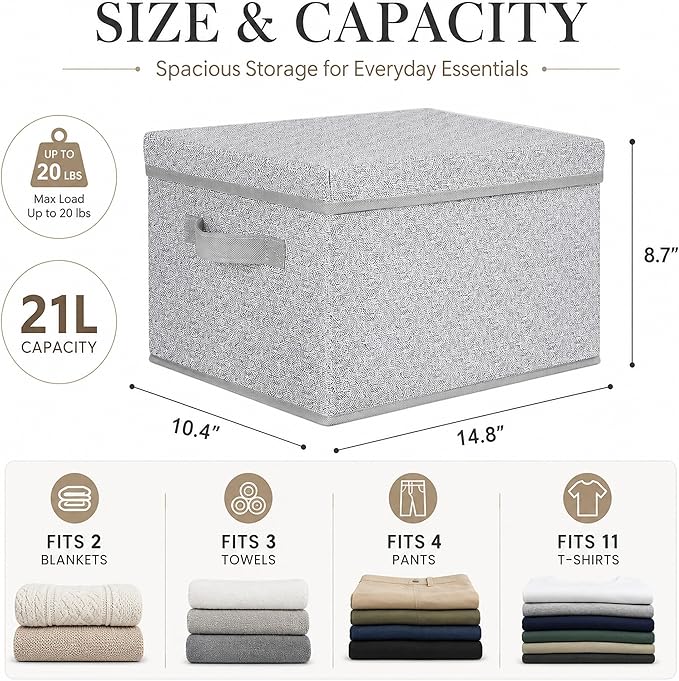 WUIKE Foldable Storage Bins with Lids, Storage Boxes with Handles, Closet Shelf Organizer, Fabric Storage Baskets for Bedroom, Decorative Storage Containers, Large, Ash Gray, 3-Pack
