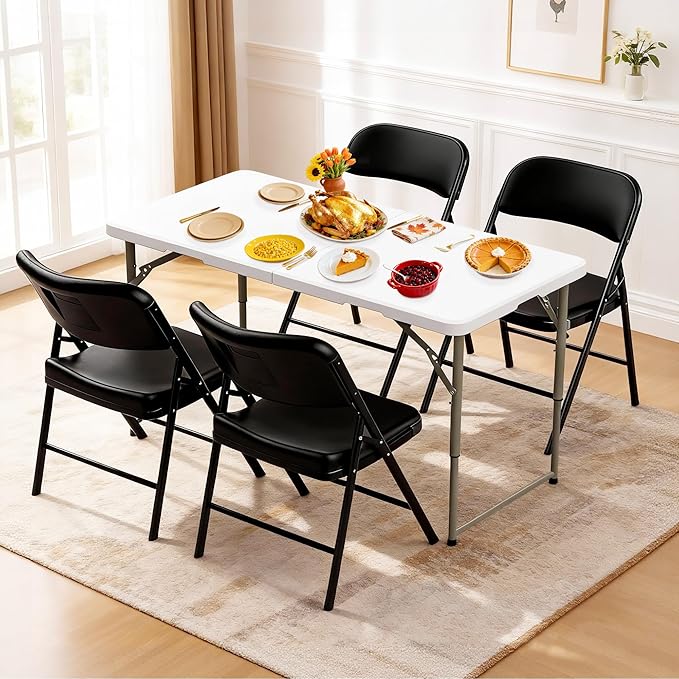 Elevon Folding Table Set with 4 Black Folding Chairs,4 Feet Heavy Duty Fold-in-Half Utility Table Sets for Picnic, Event, Training, Outdoor Activities, at Home and Commercial Use