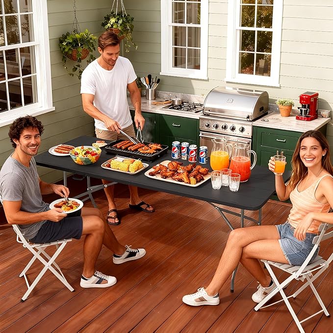 FDW 6 FT Folding Table, Portable Plastic Table with Carrying Handle Perfect for Indoor, Outdoor, Party, Dining, Wedding, Events, Camping, Black Wood Grain