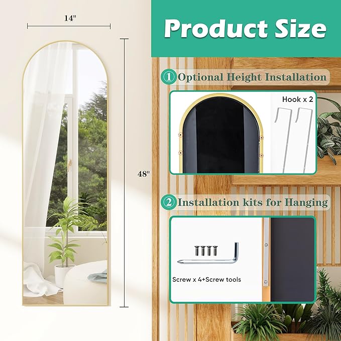 Over the Door Mirror Full Length,48"x14"Door Hanging Mirror Full Length Arch Mirror,Behind the Door Wall Mirror,Back of Door Mirrors for Closet Bedroom Living Room (Gold)