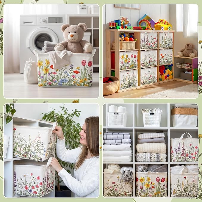 CHENGU 6 Pack Flower Storage Bins Collapsible Wildflower Baskets with Handles Large Multicolored Flower Basket Farmhouse Foldable Organizers Rustic Summer Home Decor for Spring Bedroom Office Home