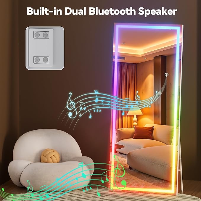 Hasipu 71"x24" LED RGB Bluetooth Full Length Mirror with Lights, Full Body Mirror with Stand, Wall Mount & Free Standing Floor Mirror for Bedroom Living Room Cloakroom, 7 Color & Brightness Adjustable
