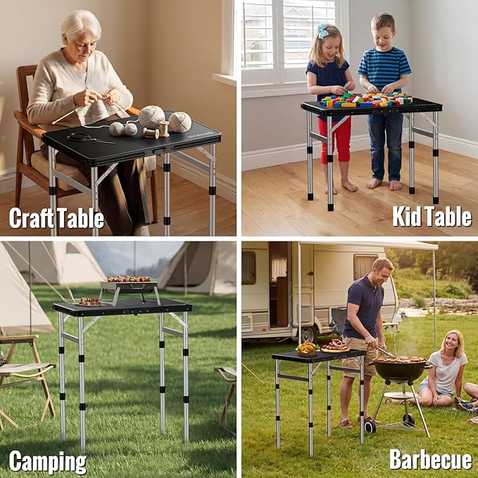 GARLLEN Camping Table with Waterproof High-Density Plastic Tabletop, 3 Adjustable Height Portable Folding Picnic Table, Aluminum Frame Outdoor Table for BBQ, Camping, Indoor Use, 22.8" L x 15.7" W
