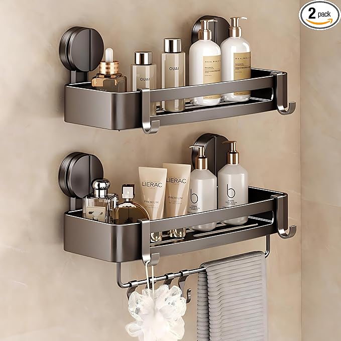 VOLPONE 2 Pack Shower Caddy Suction Cup, Corner Shower Shelves No Drilling, Showers Organizer Storage with Towel Bar & Removable Hooks, Bathroom Shower Shelf Rack for Inside Showers, Square