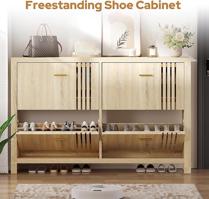 knoworld Shoe Storage Cabinet for Entryway with 4 Flip Drawers, 47.24" Narrow Fluted Shoe Organizer Cabinet, Slim Wooden Shoe Cabinet, Freestanding Hidden Shoe Cabinet for Entrance, Hallway (Natural)