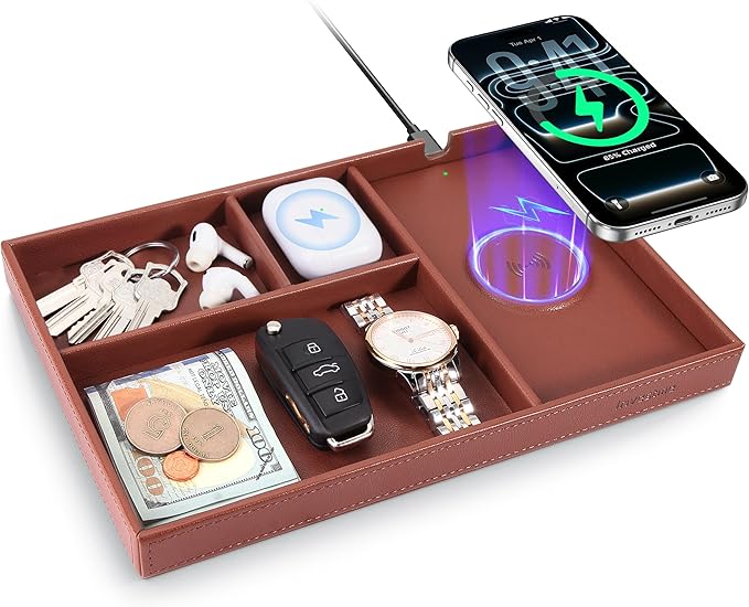 Valet Tray, Built in Wireless Charger, Nightstand Organizer, Mens Jewelry Box, Dresser Organizer, Valet Charging Station, Faux Leather Valet Tray for Men and Women, Brown