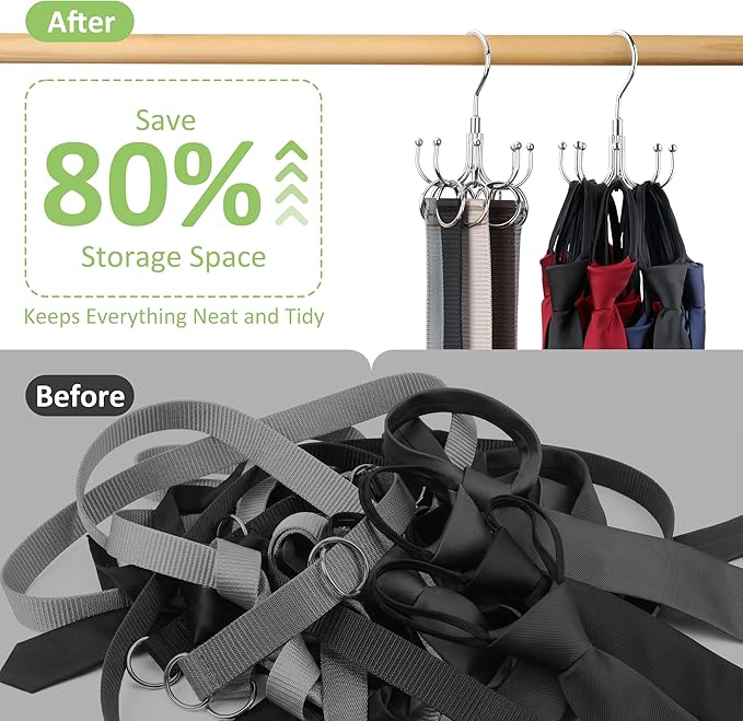 Belt Hanger, Rotatable Belt Organizer Rack for Closet Sturdy Max 24 Belts Storage with 8 Hooks, Hanging Space Saving Closet Organizers for Belts Holder, Silver