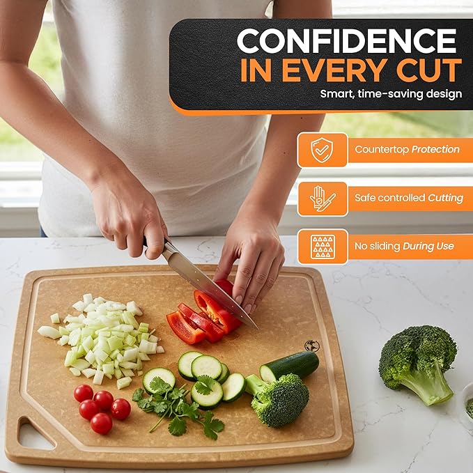 Earth's Dreams Composite Wood Cutting Board Set of 3 – Dishwasher Safe, Non-Toxic Cutting Boards for Kitchen – Large, Medium & Small Non-Slip Wood Charcuterie & Chopping Boards (Tan/Juice)