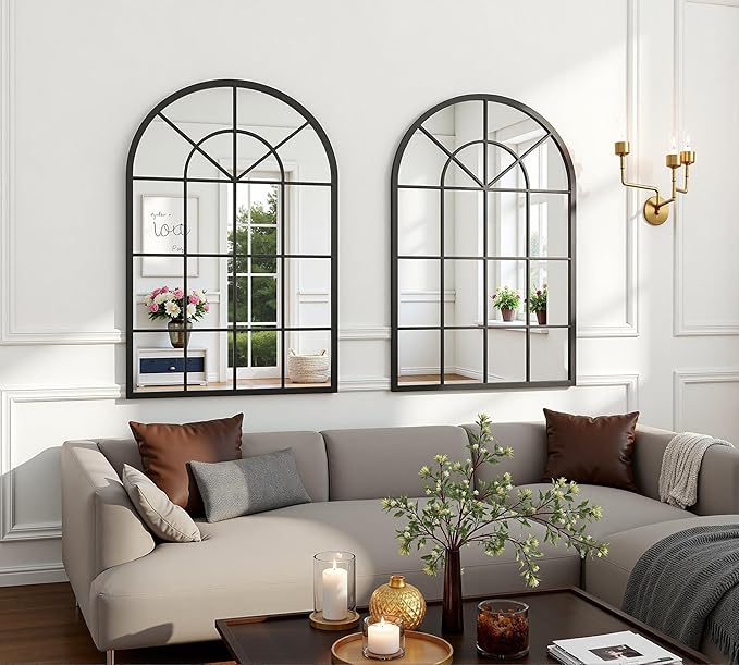 Arch Wall Mirror Mounted Decorative, 30"x42", Arched Window Pane Mirror for Wall-Mounted for Entryway, Bathroom Vanity, Living Room or Bedroom, Iron Frame, Black